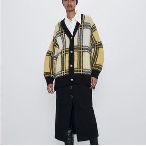 Zara Oversized Plaid Yellow & Black Preppy Cardigan Gold Buttons Alpaca Blend S